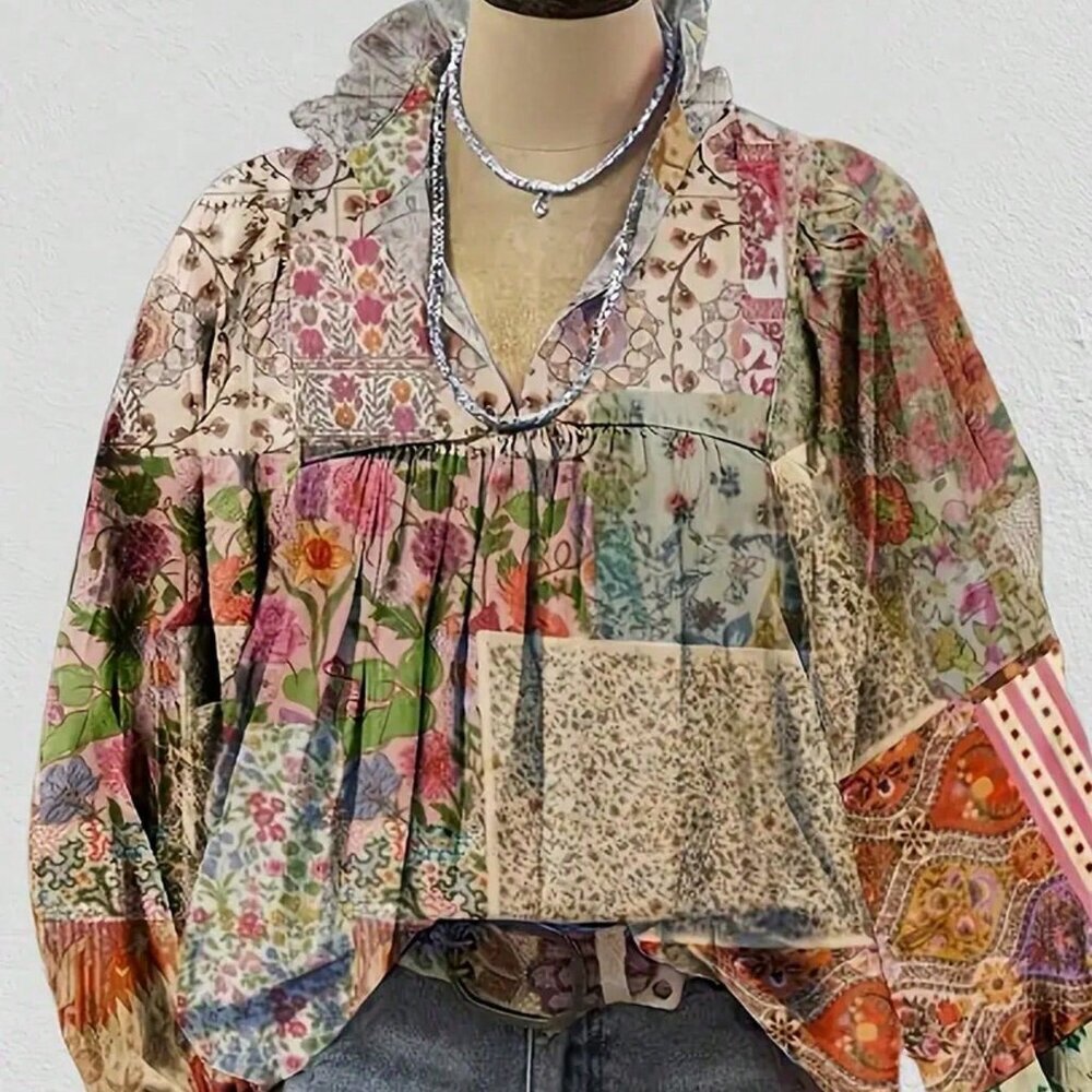 Multicolor Casual Women's All Over Print Floral Bubble Sleeve Top with Slit Neck